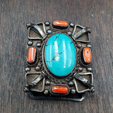 BIG MEN'S VINTAGE Natural Turquoise, Coral 925 Silver Belt buckle Handmade